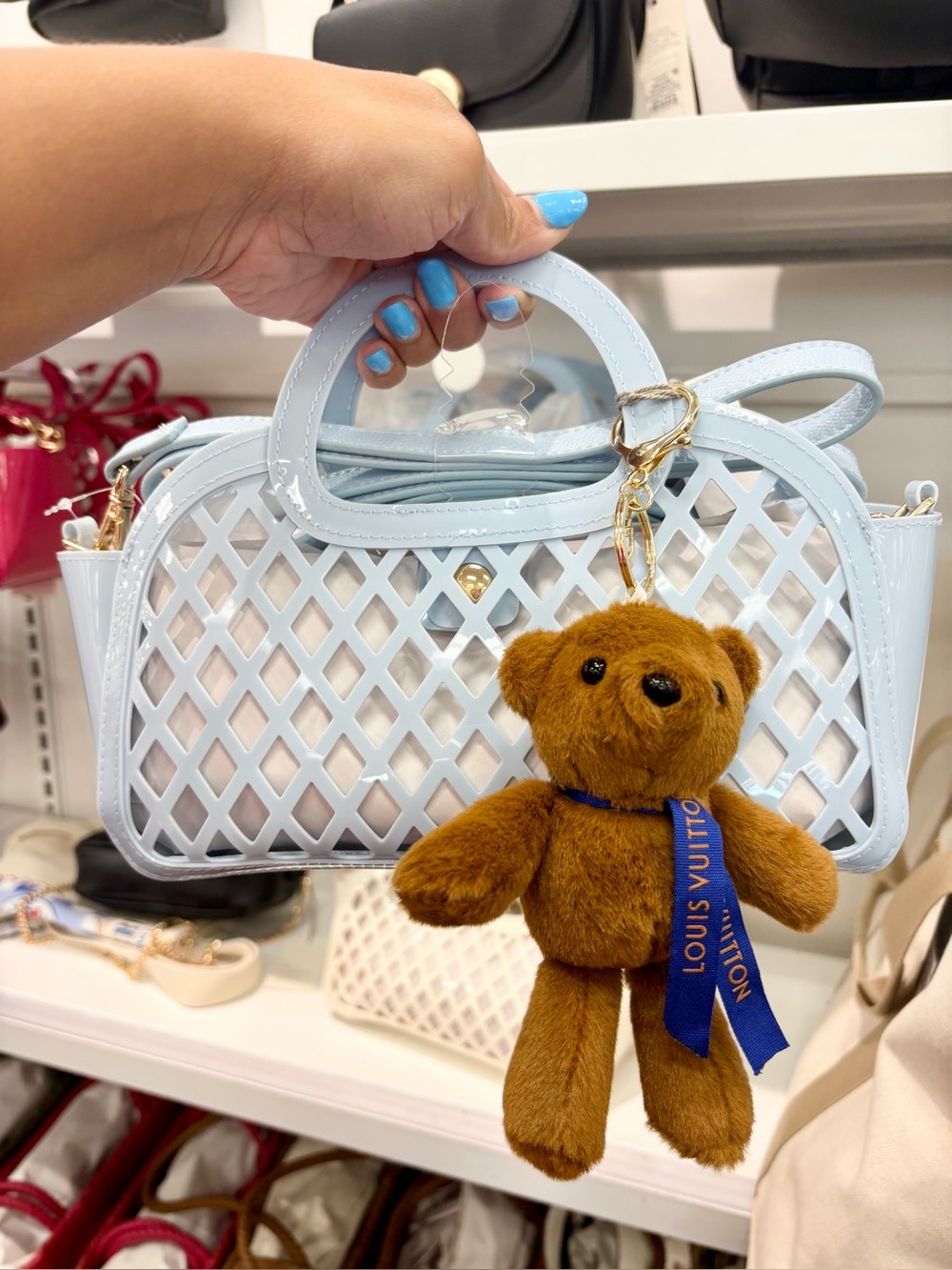 LV Brown Plush Teddy Bear Key Charm with Blue Logo Ribbon